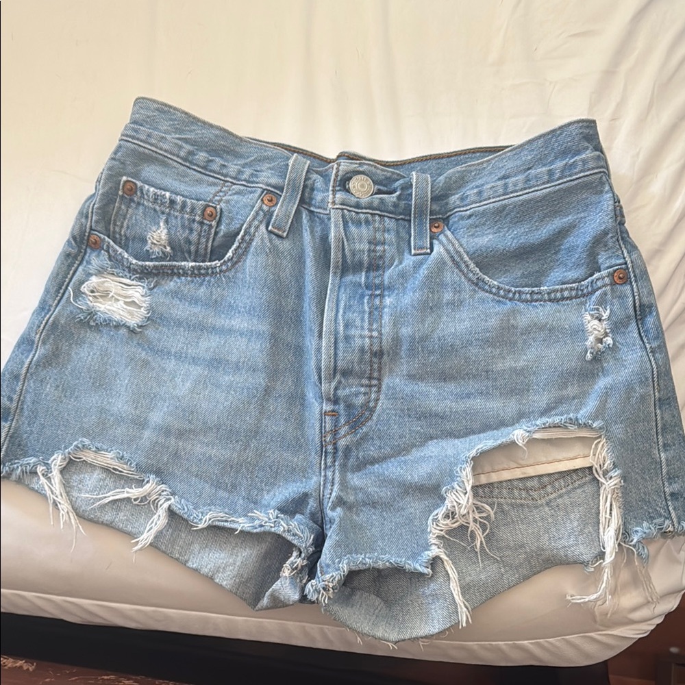 Levi's 501 Blue Distressed Jean Shorts with Raw Hem